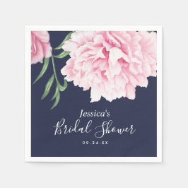 ピンク牡丹ウォーターカラーネイビーブライダルシャワー スタンダードカクテルナプキン