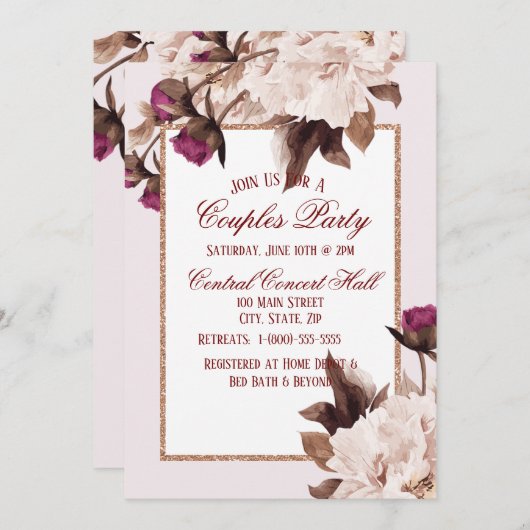 ピンク牡丹ウォーターカラーフローラカップルパーティー 招待状 (正面/裏面)