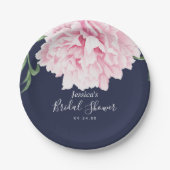 ピンク牡丹ウォーターカラーフローラネイビーブライダルシャワー ペーパープレート (正面)