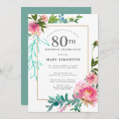 ピンク牡丹ウォーター色フローラ80誕生日 招待状 (正面/裏面)