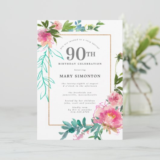 ピンク牡丹ウォーター色フローラ90誕生日 招待状 (スタンド正面)