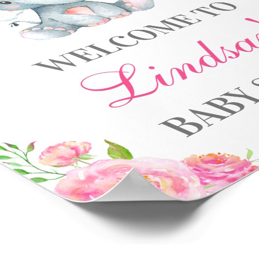 ピンク牡丹エレファントガールベビーシャワー歓迎サイン ポスター (角)