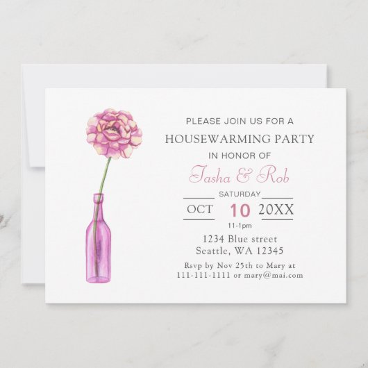 ピンク牡丹ガラスボトル花瓶引っ越し祝いパーティー 招待状 (正面)