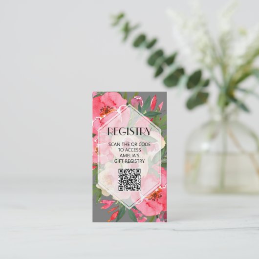 ピンク牡丹グレーブライダルシャワーレジストリQRコード エンクロージャーカード (スタンド正面)