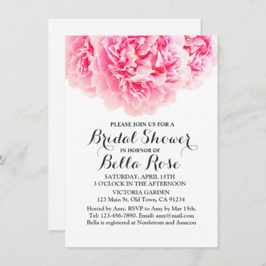 ピンク牡丹シルバーグレーブライダルシャワー招待状牡丹3 招待状 (正面/裏面)