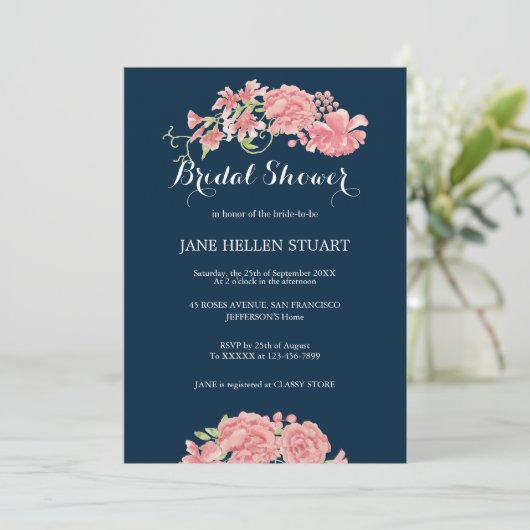 ピンク牡丹ネイビーブルーフローラブライダルシャワー 招待状 (スタンド正面)
