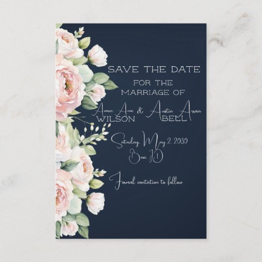 ピンク牡丹ネイビー背景結婚式の日付を保存 エンクロージャーカード (正面)