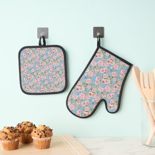 ピンク牡丹バラ 鍋つかみ&鍋敷きセット