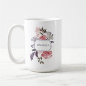 ピンク牡丹パープルとグリーンの離れモノグラム コーヒーマグカップ (左)