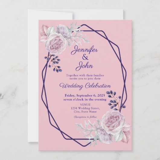 ピンク牡丹パープルジオメトリックフレーム結婚フローラ 招待状 (正面)