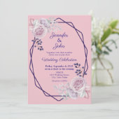 ピンク牡丹パープルジオメトリックフレーム結婚フローラ 招待状 (スタンド正面)