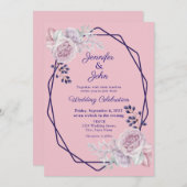 ピンク牡丹パープルジオメトリックフレーム結婚フローラ 招待状 (正面/裏面)