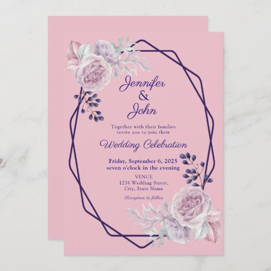 ピンク牡丹パープルジオメトリックフレーム結婚フローラ 招待状