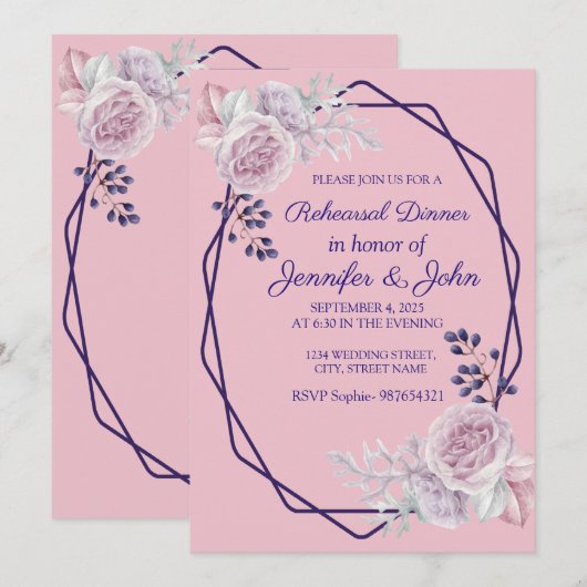 ピンク牡丹パープルジオメトリックフレーム 招待状 (正面/裏面)