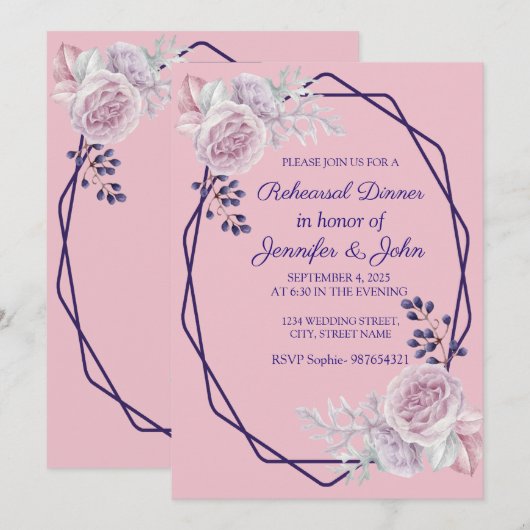 ピンク牡丹パープルジオメトリックフレーム 招待状 (正面/裏面)