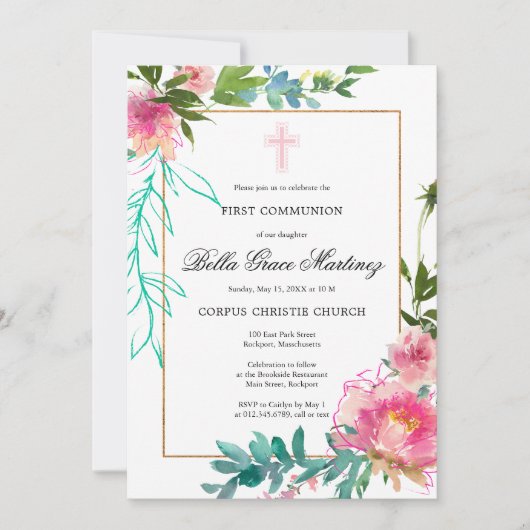 ピンク牡丹ファーストコミューン招待状 招待状 (正面)