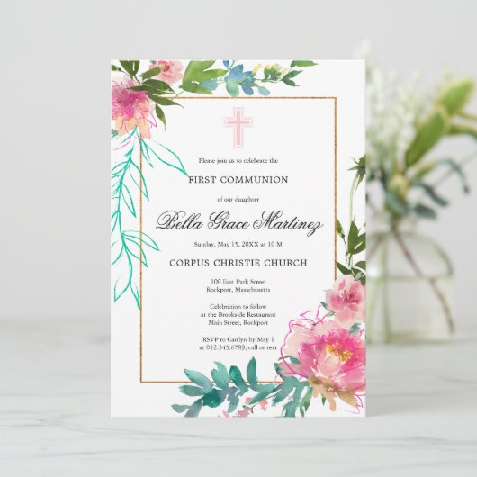 ピンク牡丹ファーストコミューン招待状 招待状 (スタンド正面)