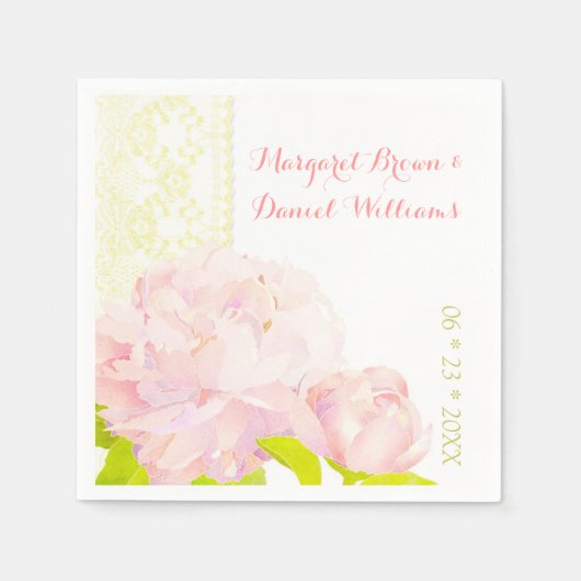 ピンク牡丹フェイクアイボリー結婚レース スタンダードカクテルナプキン (正面)