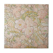 ピンク牡丹フラワーズアルフォンスミュシャ タイル (正面)