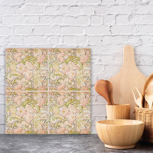 ピンク牡丹フラワーズアルフォンスミュシャ タイル