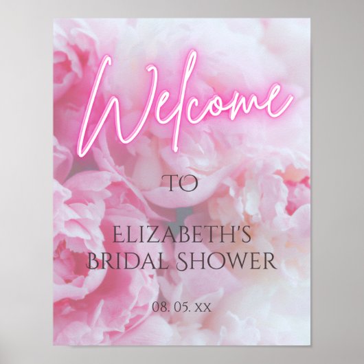 ピンク牡丹フラワーズネオングローウェルカムブライダルシャワー ポスター (正面)