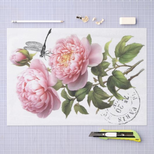 ピンク牡丹フラワードラゴンフライフランスのポストマーククラフト 薄葉紙 (クラフト)