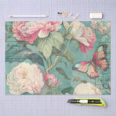 ピンク牡丹フラワーバタフライティール（緑がかった色）デカップクラフト 薄葉紙 (クラフト)