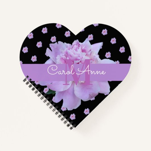 ピンク牡丹フラワーパープルモノグラムブラックノートブック ノートブック (正面)