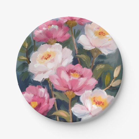 ピンク牡丹フラワーブーケ水彩 ペーパープレート (正面)