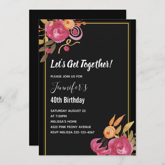 ピンク牡丹フローラウォーターカラーブーケ誕生日 招待状 (正面/裏面)