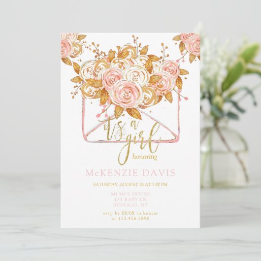 ピンク牡丹フローラエンベロープガールベビーシャワー 招待状 (スタンド正面)