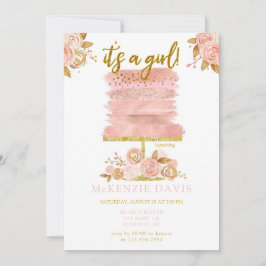 ピンク牡丹フローラケーキガールベビーシャワー 招待状