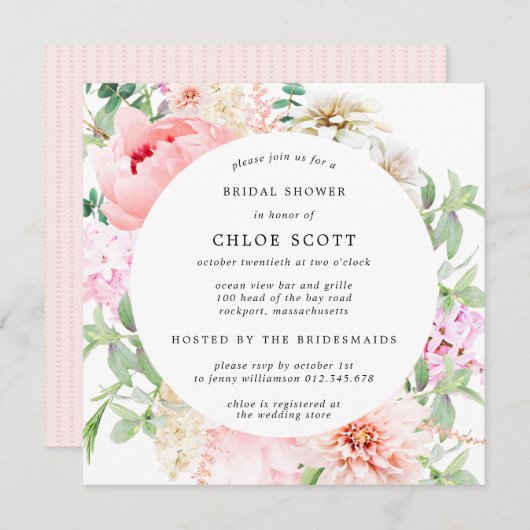 ピンク牡丹フローラスクエアブライダルシャワー 招待状 (正面/裏面)
