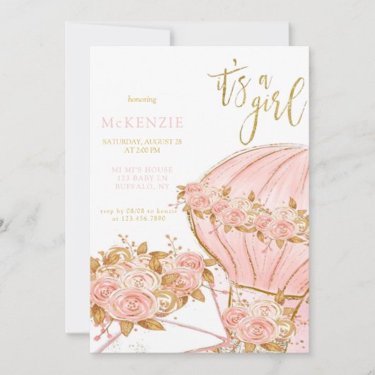 ピンク牡丹フローラバルーンガールベビーシャワー 招待状 (正面)