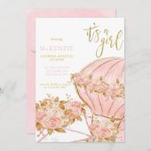 ピンク牡丹フローラバルーンガールベビーシャワー 招待状 (正面/裏面)