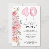 ピンク牡丹フローラバルーン40th誕生日パーティー 招待状 (正面)