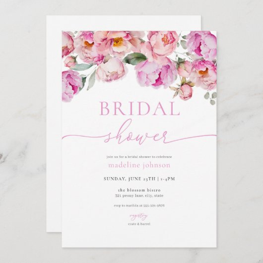 ピンク牡丹フローラブライダルシャワー招待 招待状 (正面/裏面)