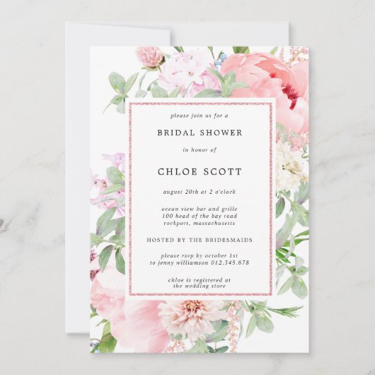 ピンク牡丹フローラ植物学ブライダルシャワー 招待状 (正面)