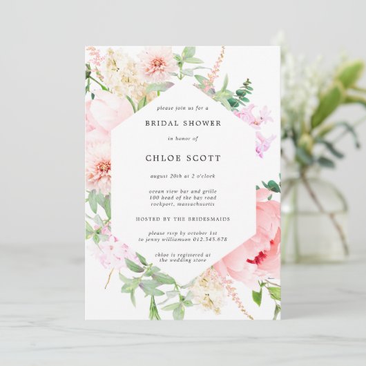 ピンク牡丹フローラ植物学ブライダルシャワー 招待状 (スタンド正面)