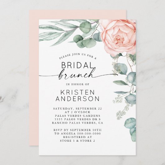 ピンク牡丹フローラ水彩ブライダルシャワーインビタット 招待状 (正面/裏面)