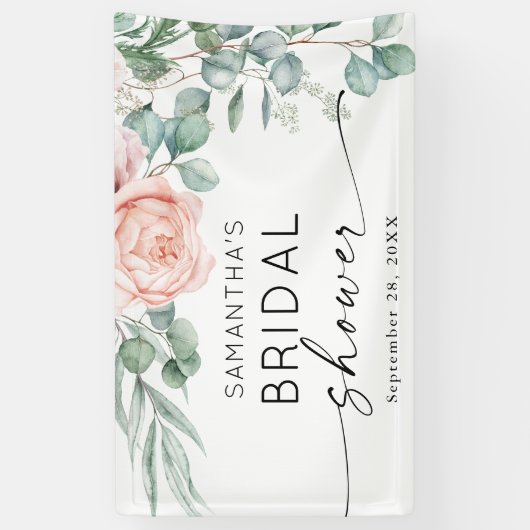 ピンク牡丹フローラ水彩ブライダルシャワー 横断幕 (縦)