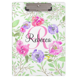 ピンク牡丹フローラ水彩モノグラム クリップボード