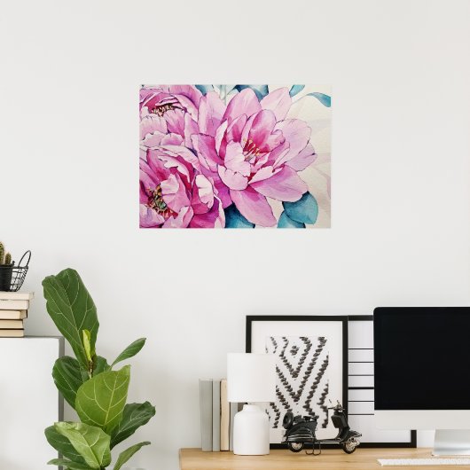 ピンク牡丹フローラ水彩画ポスター紙 ポスター (ホームオフィス)
