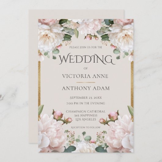ピンク牡丹フローラ水彩結婚式招待状 招待状 (正面/裏面)