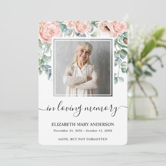 ピンク牡丹フローラ水彩葬儀祈りの言葉カード サンキューカード (スタンド正面)