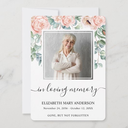 ピンク牡丹フローラ水彩葬儀祈りの言葉カード サンキューカード (正面)