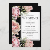 ピンク牡丹フローラ水彩黒結婚色 招待状 (正面/裏面)