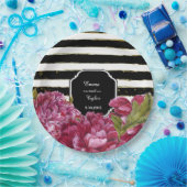 ピンク牡丹フローラ白黒ストライプ紙プレート ペーパープレート (パーティー)