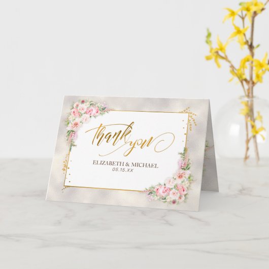 ピンク牡丹フローラ金ゴールドスクリプト&フレームサンキュー カード (黄色い花)