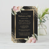 ピンク牡丹ブラック金ゴールドフォトお祝いオブ・ライフ 招待状 (スタンド正面)